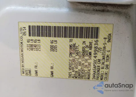 2014 Nissan Maxima 3.5 Sv z USA, uszkodzony, nr VIN 1N4AA5AP5EC499836